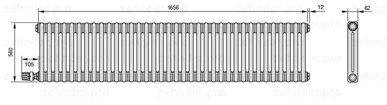 Схема (чертеж) Радиатор Zehnder Charleston 2056/36 №V004 Белый глянцевый RAL 9016